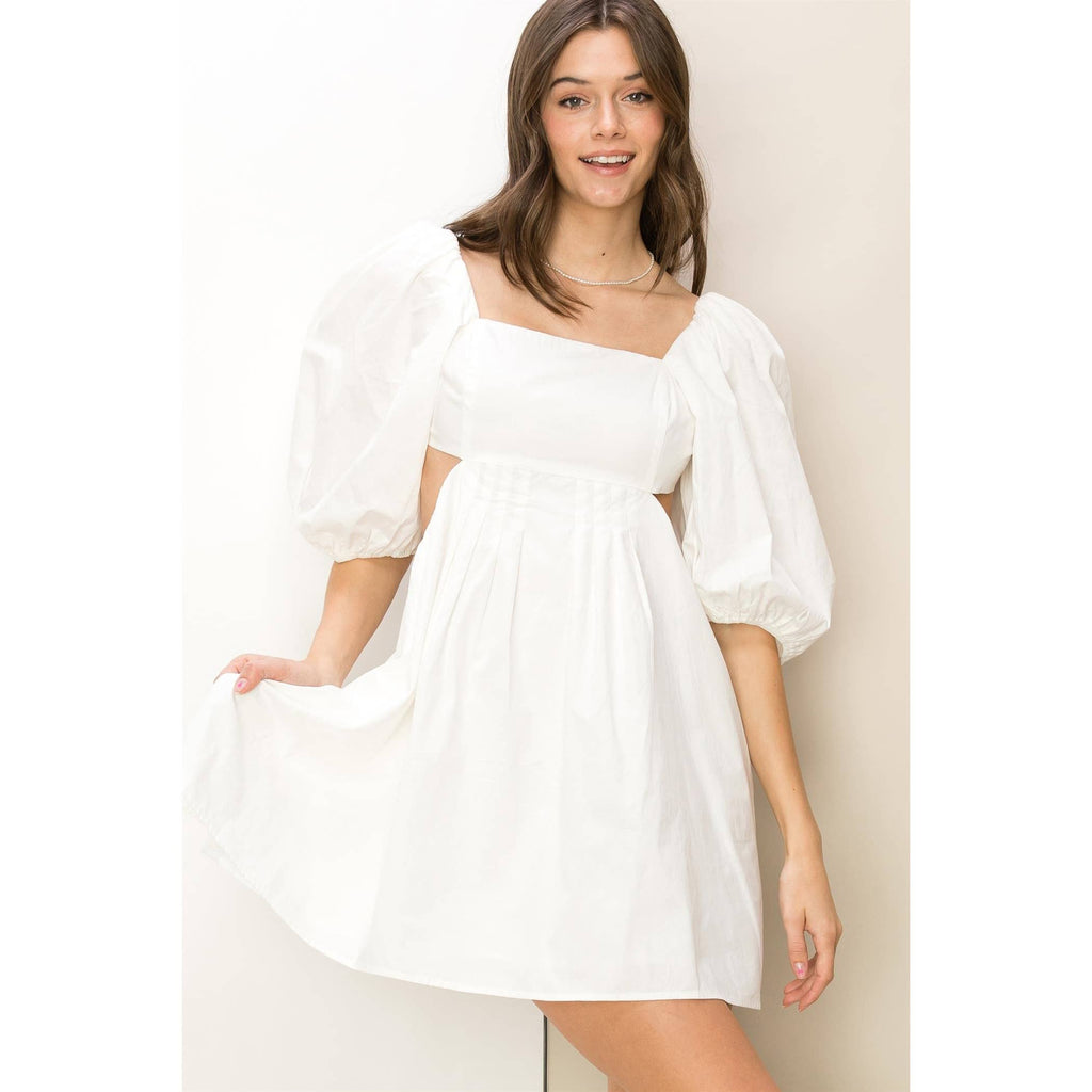 White Balloon Sleeve Tie-Back Dress