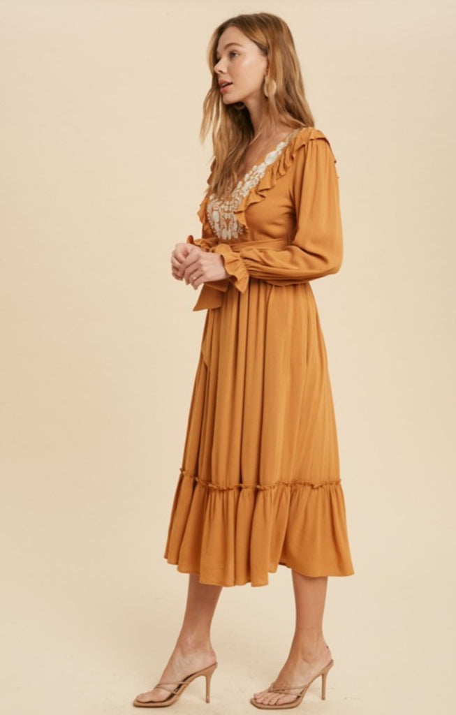 Marigold Ruffled Embroidered Midi Dress Best Dressed Boutique