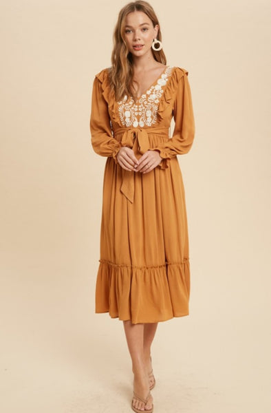 Marigold Ruffled Embroidered Midi Dress