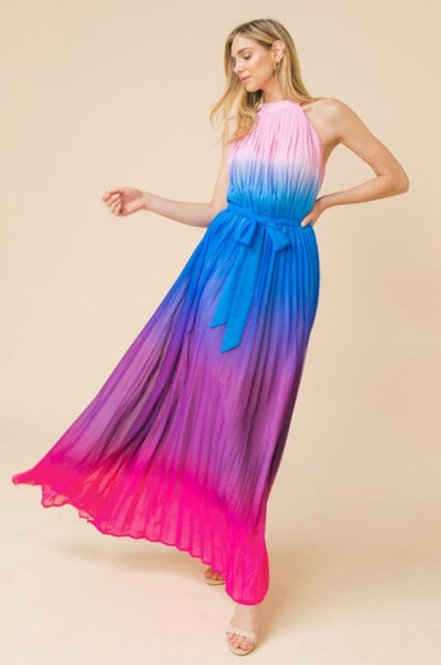 Pink/Blue/Purple Pleated Maxi Dress