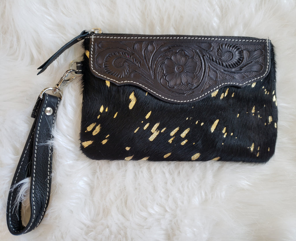 Black + Gold Cowhide Tooled Leather Wristlet