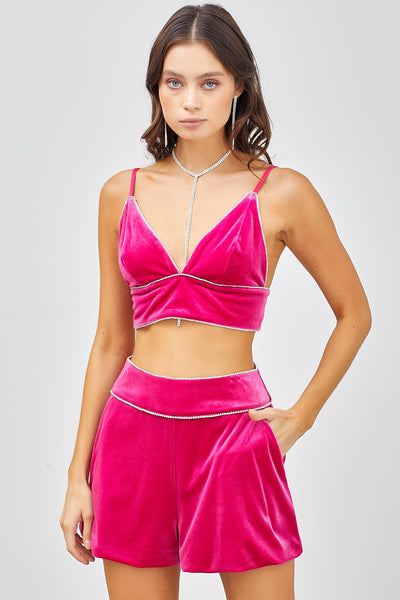 Fuchsia Rhinestone Trim Crop Top