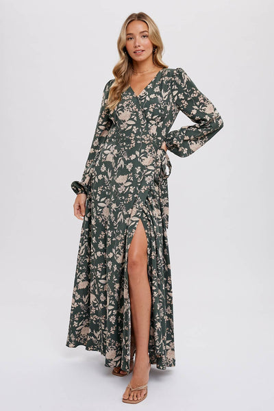 Hunter Green Floral Print Wrap Maxi Dress