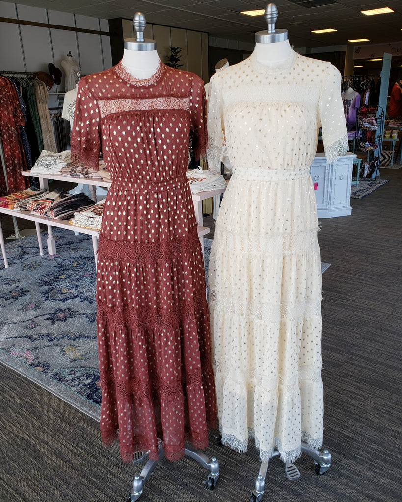 Champagne Gold Foil Tiered Maxi Dress