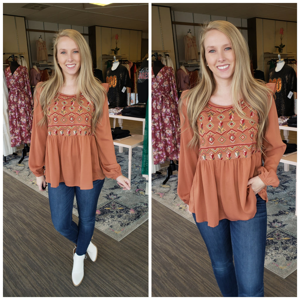 Rust Long Sleeve Embroidered Top